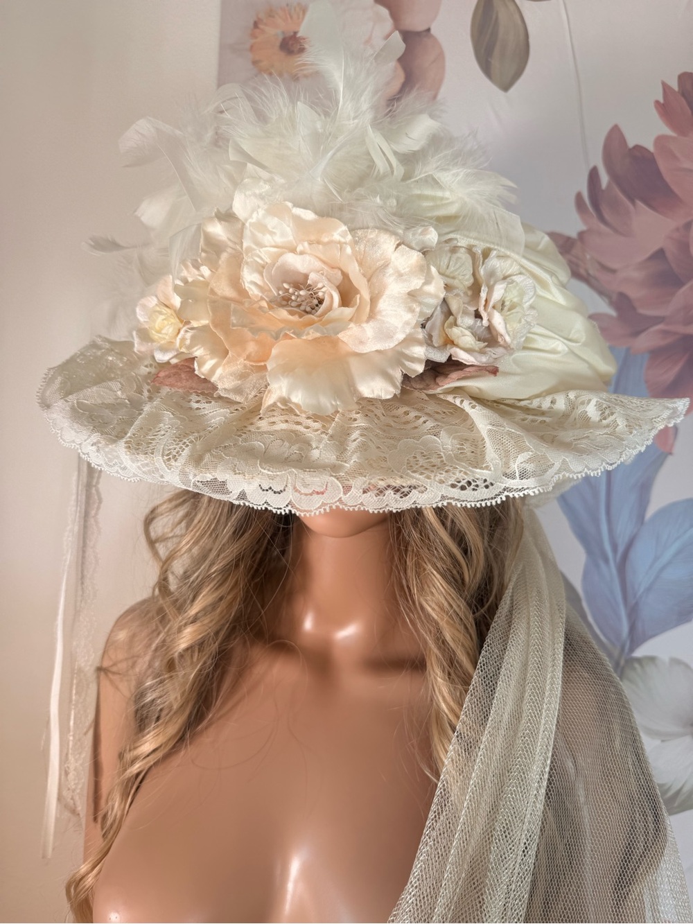 Elegant Elsie Massey Ivory Lace Floral Wide-Brim Hat - Women Accessories